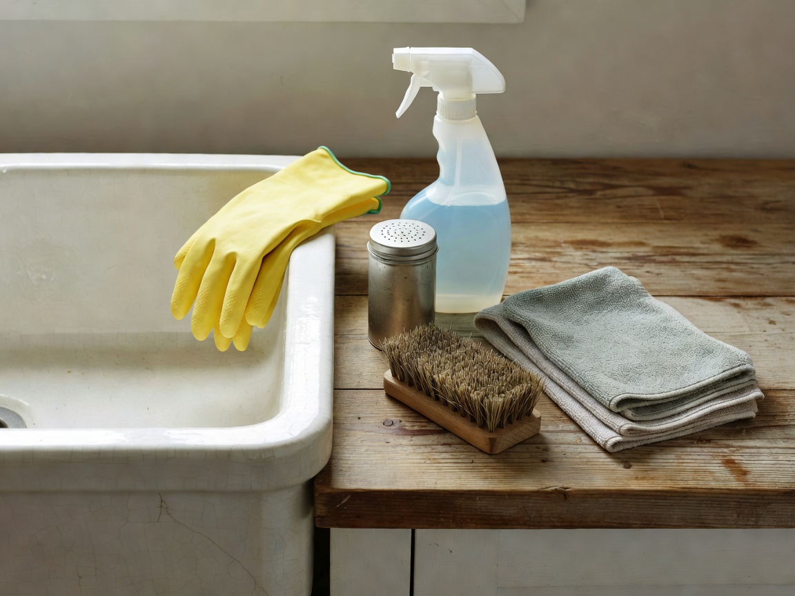 A collection of kitchen cleaning supplies resting next to a ceramic sink