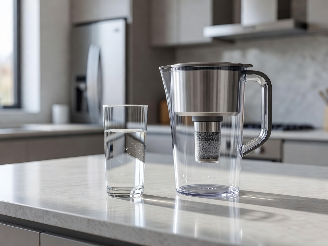 A glass of clear water beside a modern filtration pitcher on a kitchen counter
