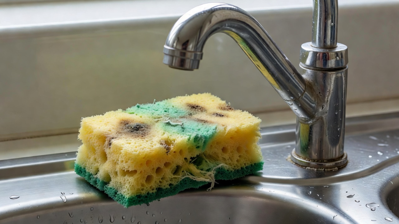 A well used green and yellow sponge sitting next to a stainless steel kitchen tap