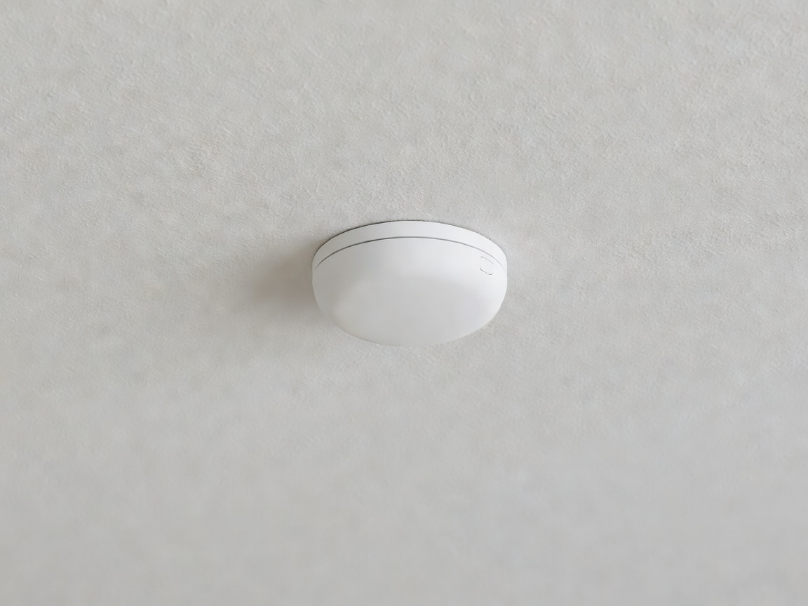 A white smoke detector mounted on a modern textured ceiling