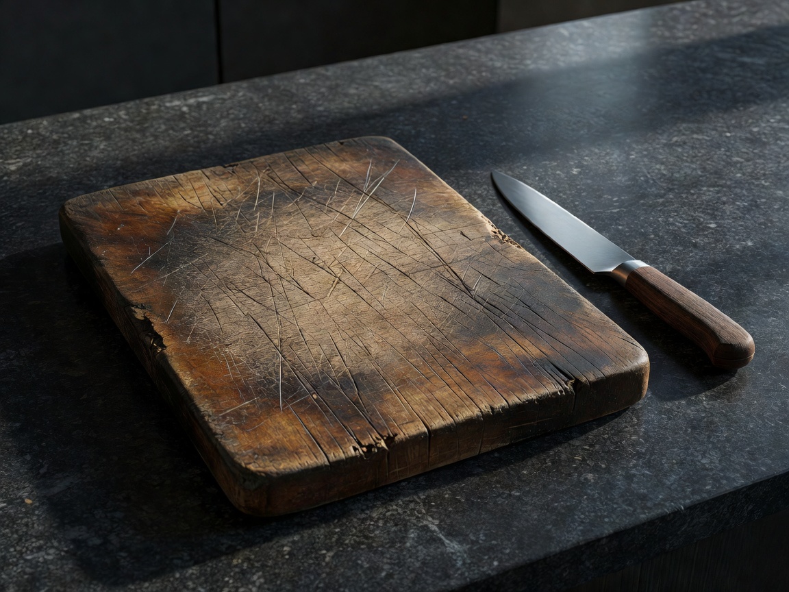 A worn wooden cutting board resting on a dark stone countertop with a knife nearby