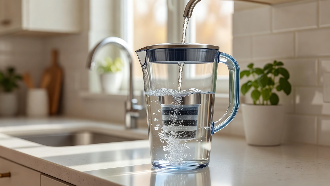 Close up view of a water pitcher filtering tap water in a well lit kitchen setting