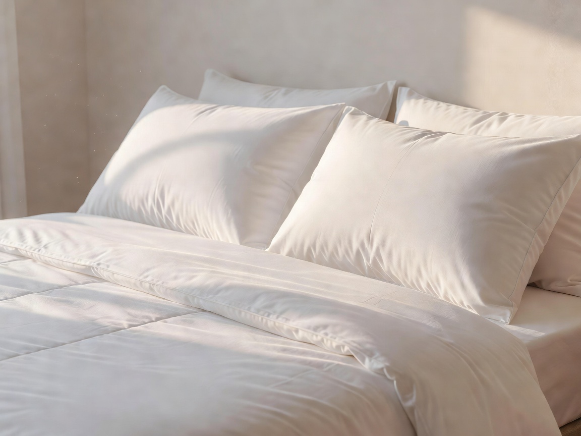 Crisp white pillows resting on a neatly made bed bathed in morning light