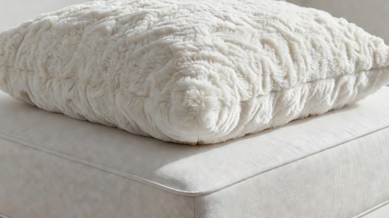 Detail shot of the corner of a white fluffy pillow on a structured mattress